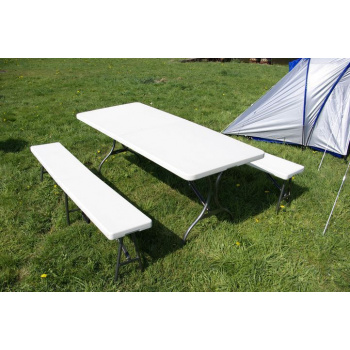 Kempinkový set nábytku stůl s lavicemi 180 cm, kovový rám, plastová deska bílá
