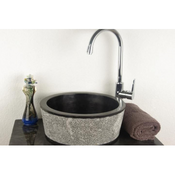 Designové kulaté umyvadlo na desku, pravý přírodní mramor černý / šedý, průměr 40 cm