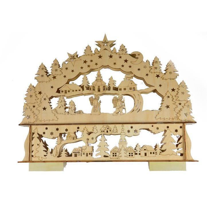Vánoční výzdoba do bytu - osvětlená krajina na baterie, hnědá překližka, 44 cm