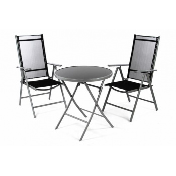 3-dílná sestava skládacího venkovního nábytku na terasu, balkon, kov + sklo + textilie