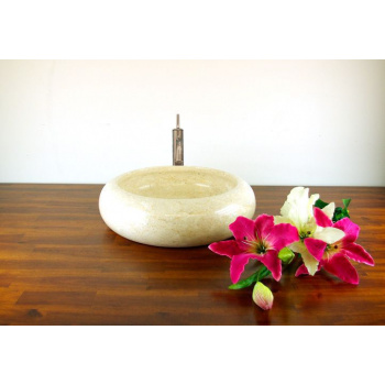 Designové kulaté kamenné umyvadlo na desku, mramor světle béžový, průměr 42 cm