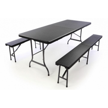 Pivní set stůl s lavicemi kov + plast, ratanový vzhled černý