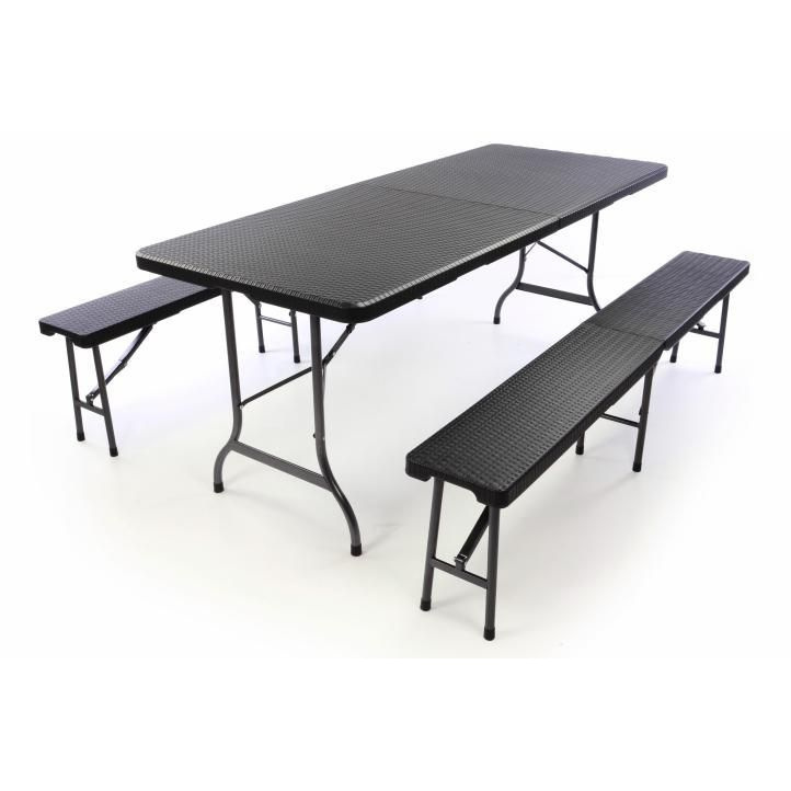 Pivní set stůl s lavicemi kov + plast, ratanový vzhled černý