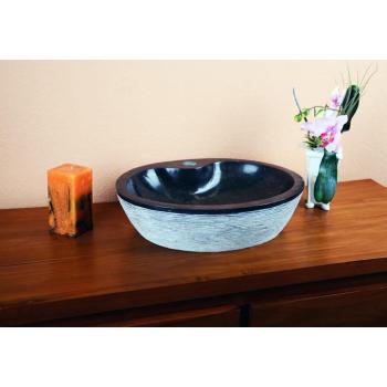 Kulaté kamenné umyvadlo do koupelny přírodní mramor šedý / černý, průměr 45 cm