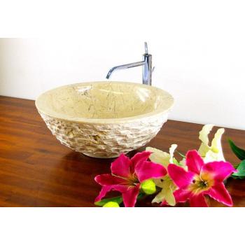 Designové umyvadlo ve tvaru mísy do koupelny, přírodní kamen krémový, průměr 40 cm