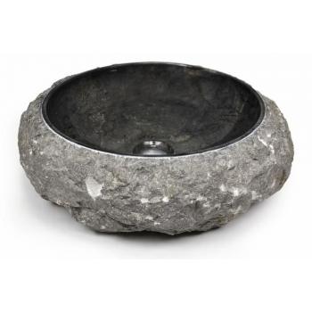 Designové kulaté kamenné umyvadlo šedé leštěné / hrubě opracované, průměr 42 cm