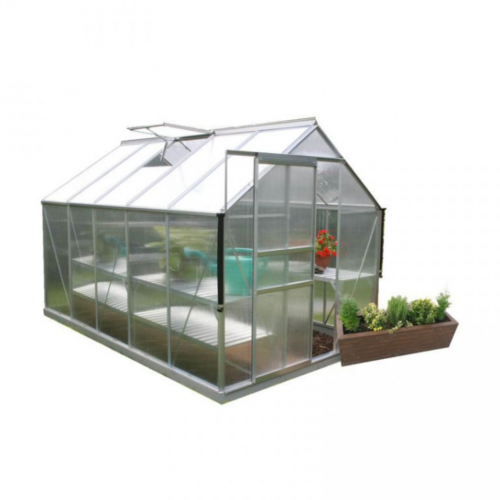 Větší zahradní skleník, hliník / polykarbonát, posuvné dveře, 383x193x197 cm
