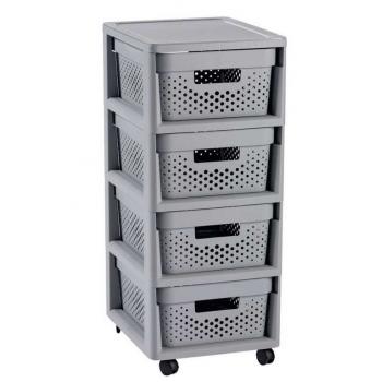 Plastový úložný regál se šuplíky děrovaný šedý, odnímatelná kolečka, 69 cm