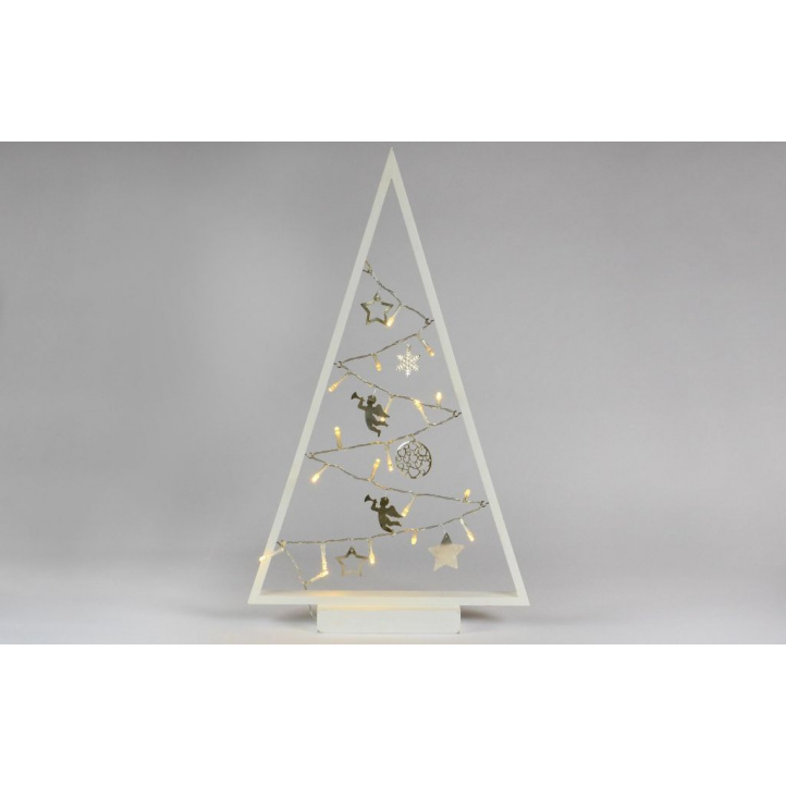 Vánoční výzdoba do okna - osvětlený stromek s dekoracemi, na baterie, bílý, vnitřní, 50 cm