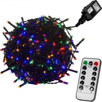 Vánoční řetěz blikající (8 funkcí), venkovní / vnitřní, barevný, časovač, DO, zelený kabel, 10 m