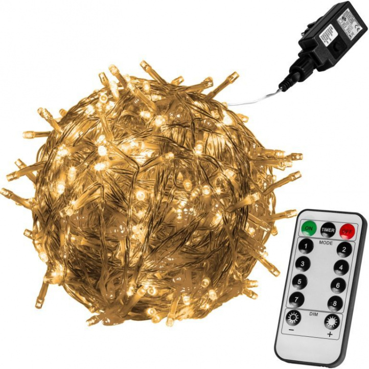 Vánoční řetěz blikající (8 funkcí) venkovní + vnitřní, teple bílý, časovač, DO, 40 m