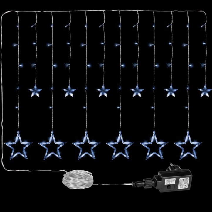 Vánoční závěs do okna se svítícími hvězdičkami studeně bílý venkovní + vnitřní, 150 LED, 2x1 m