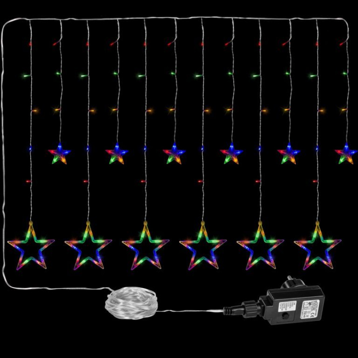Vánoční závěs do okna se svítícími hvězdičkami barevný venkovní + vnitřní, 150 LED, 2x1 m