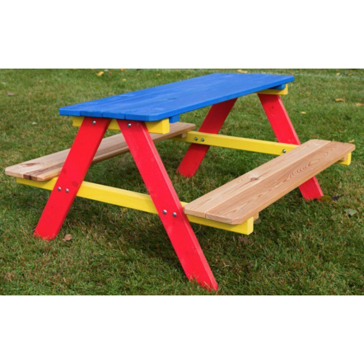 Dětský zahradní nábytek dřevěný, stůl s lavicemi, barevný, 90x85 cm