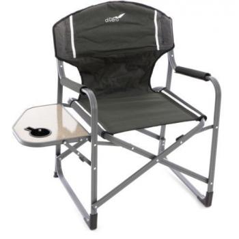 Kempinková skládací židle kov / umělá textilie, sklopný stolek na boku, zelená / hnědá / černá