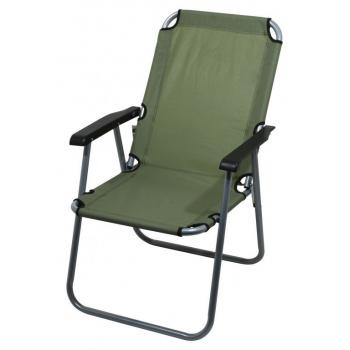 Kempinková skládací židle s pevným kovovým rámem a opěradlem, tmavě zelená