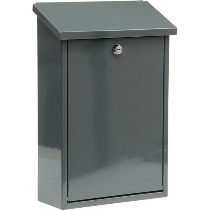 Uzamykatelná nástěnná poštovní schránka, zkosená odklopná horní část, šedá, 40x25x10cm