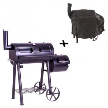 Velký masivní zahradní gril lokomotiva s udírnou na dřevěné uhlí / dřevo, vč. plachty, 28 kg