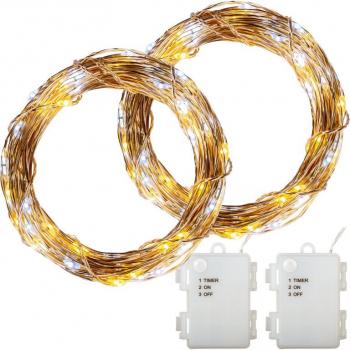 2x vánoční svítící řetěz- mini LED diody na stříbrném drátku, venkovní + vnitřní, na baterie, tepl. / stud. bílá, 200 LED, 20 m