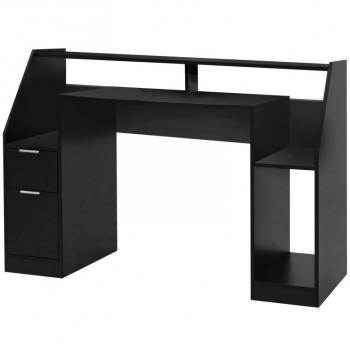 Počítačový stůl s vyvýšeným místem na monitor, šuplíky + poličky, černý, 123x55x90 cm