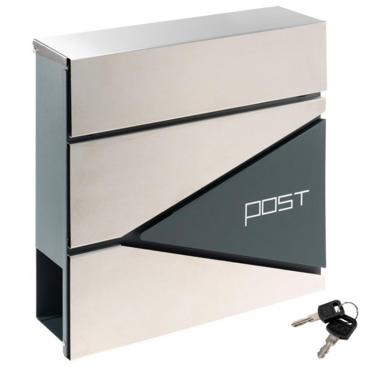 Designová nástěnná venkovní schránka na poštu pro rodinné domy a firmy, stříbrná, 37x36x10,5 cm