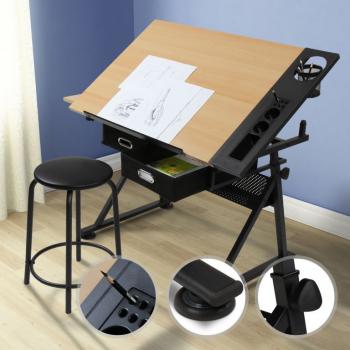 Nakláněcí psací / kreslící stůl včetně stoličky, 2x šuplík, úložné prostory, světlé dřevo / černá