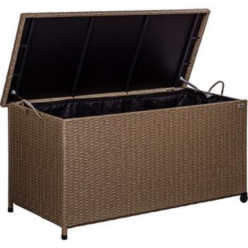 Velký luxusní ratanový úložný box na polstry s kolečky, víko na písty, krémový, 122x62x56 cm