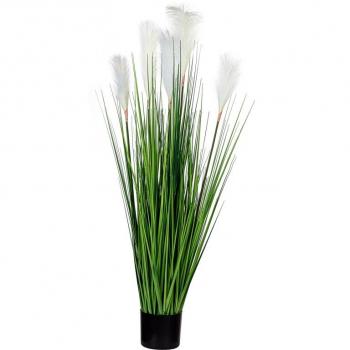 Umělá dekorační pokojová květina tráva v květináči, bílé květy, 120 cm