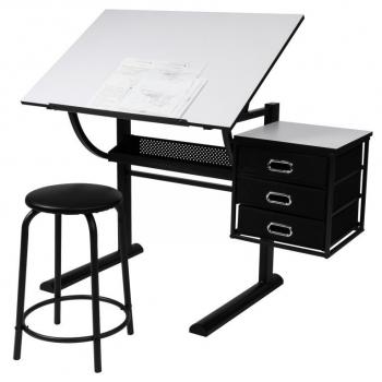 Psací / kreslící stůl s nakláněcí pracovní plochou + stolička, černý, 90x75,5x60 cm