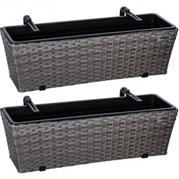2x ratanový truhlík s vnitřní nádobou a závěsy na zábradlí, šedý, 60x16x19 cm
