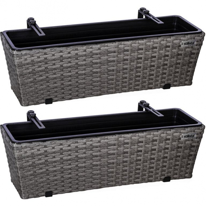 2x ratanový truhlík s vnitřní nádobou a závěsy na zábradlí, šedý, 60x16x19 cm