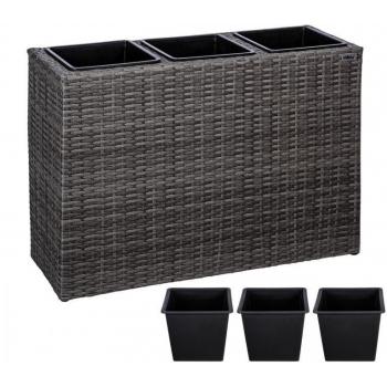 Velký ratanový květináč obdélníkový venkovní + vnitřní, 3 vyjímatelné nádoby, šedý, 83x30,5x60 cm