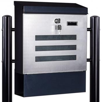 Venkovní poštovní schránka se stojanem stříbrná / černá pro domy a firmy, ocel, 35x44 cm (stojan 126 cm)