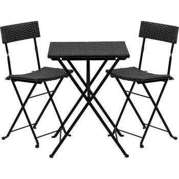 Skládací balkonový set pro 2 kov / umělý ratan, černý