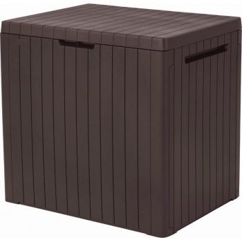 Menší zahradní plastový úložný box tmavě hnědý, uzamykatelné víko, 113 L, 58x55x44 cm
