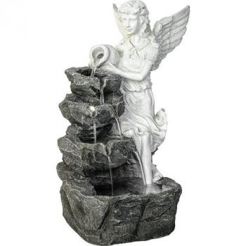 Kaskádovitá zahradní fontánka se sochou anděla, tekoucí voda, osvětlení, 49 cm