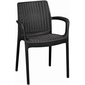 Ratanová venkovní židle na terasu, s područkami, umělý ratan, stohovatelná, grafit, do 110 kg