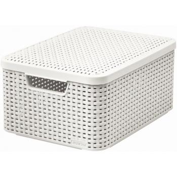 Skladovací box umělý ratan bílý s víkem, prodyšný, 18 L, 39,3x18,7x29,3 cm