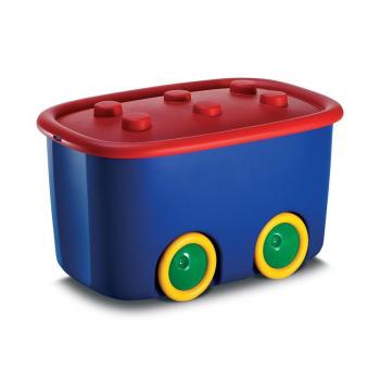 Velký úložný box na hračky do dětského pokoje, s kolečky a víkem, modrá / červená, 46 L, 58x32x39 cm