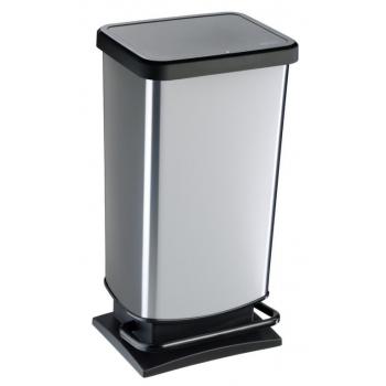 Designový větší odpadkový koš pedálový s rámečkem pro uchycení pytle na odpadky, stříbrná / černá, 40 L