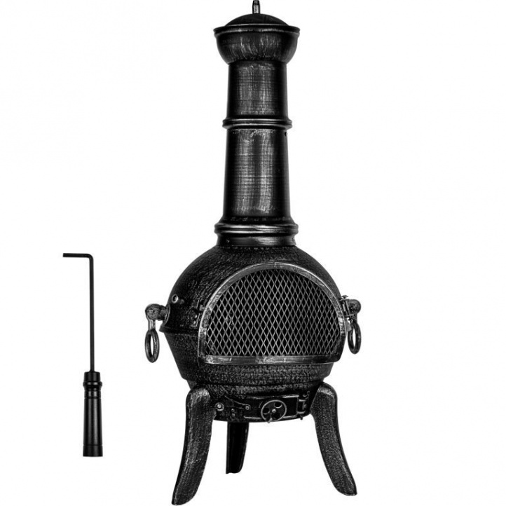 Designový kovový venkovní krb na zahradu / terasu, vč. roštu a pohrabáče, stříbrná / šedá, 112 cm