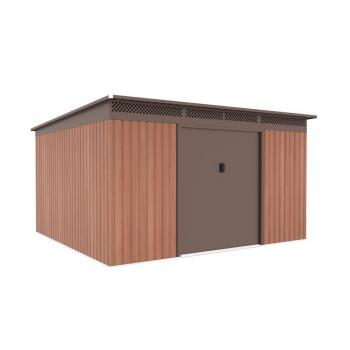 Plechový zahradní domek- garáž stavebnice, posuvné dveře, hnědý- imitace dřeva, 340x333x191 cm