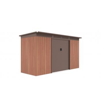 Plechový zahradní domek- garáž stavebnice, posuvné dveře, hnědý- imitace dřeva, 340x142x184 cm