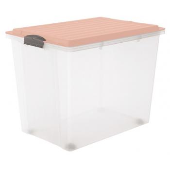 Velký průhledný úložný box s víkem na klipy, růžový, 70 L