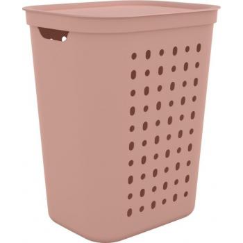 Koš na prádlo do koupelny vysoký s víkem, plast, růžový, 43x36x53 cm
