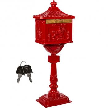 Poštovní schránka starožitná sloupová se stojanem před dům / firmu, kov, červená, 118 cm