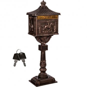Poštovní schránka starožitná sloupová se stojanem před dům / firmu, kov, bronzová, 118 cm