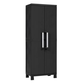 Velká plastová skříň na nožičkách černá, otočné dveře do dílny / garáže / domácnosti 65x173x37 cm