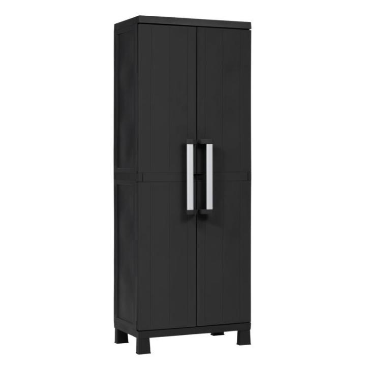 Velká plastová skříň na nožičkách černá, otočné dveře do dílny / garáže / domácnosti 65x173x37 cm