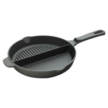 Litinová grilovací pánev s držadlem kulatá dělená - steakové mřížkování / hladká, 25 cm